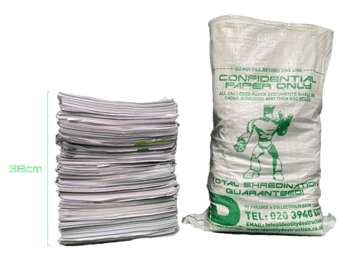 A 38 centimetre stack of A4 documents next to a secure Identity Destruction sack containing documents to shred.