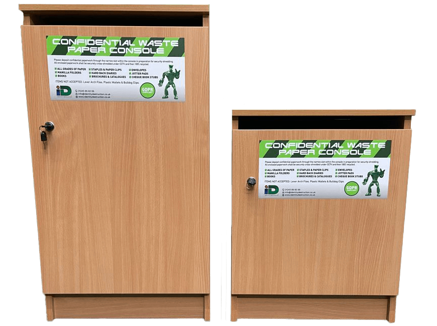 Our two sizes of shredding consoles, available in a standard size of 90cm high or the space-efficient junior option at 63.5cm high.